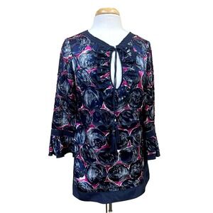 Tory Burch Silk Blend Tunic Top Navy + Orchid Circle Print Keyhole Neck SZ S
